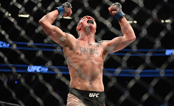 <a href='../fighter/Darren-Elkins'>Darren Elkins</a> reacts to his victory over <a href='../fighter/Mirsad-Bektic'>Mirsad Bektic</a> during UFC 209 on March 4, 2017 in Las Vegas, Nevada. (Photo by Jeff Bottari/Zuffa LLC)