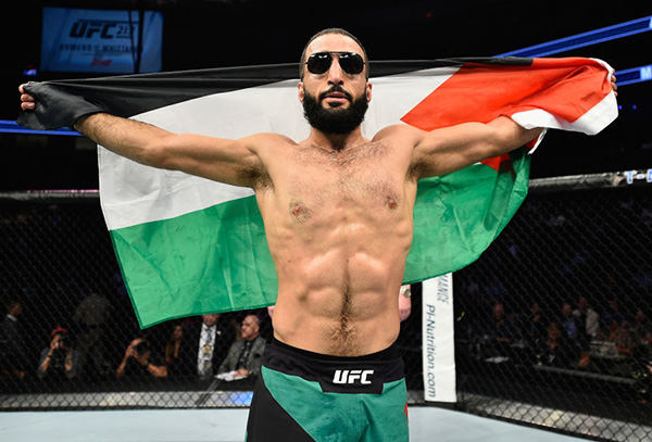 <a href='../fighter/Belal-Muhammad'><a href='../fighter/Belal-Muhammad'>Belal Muhammad</a></a> celebrates his victory over <a href='../fighter/Jordan-Mein'><a href='../fighter/Jordan-Mein'>Jordan Mein</a></a> in their welterweight bout during the UFC 213 event at T-Mobile Arena on July 8, 2017 in Las Vegas, Nevada. (Photo by Jeff Bottari/Zuffa LLC)