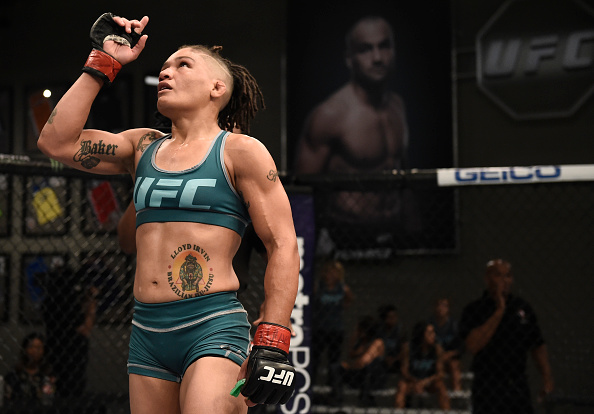 LAS VEGAS, NV - AUGUST 18: (L-R) Sijara Eubanks punches Roxanne Modafferi during the filming of The Ultimate Fighter: A New World Champion at the UFC TUF Gym on August 18, 2017 in Las Vegas, Nevada. (Photo by Brandon Magnus/Zuffa LLC/Zuffa LLC via Getty Images)
