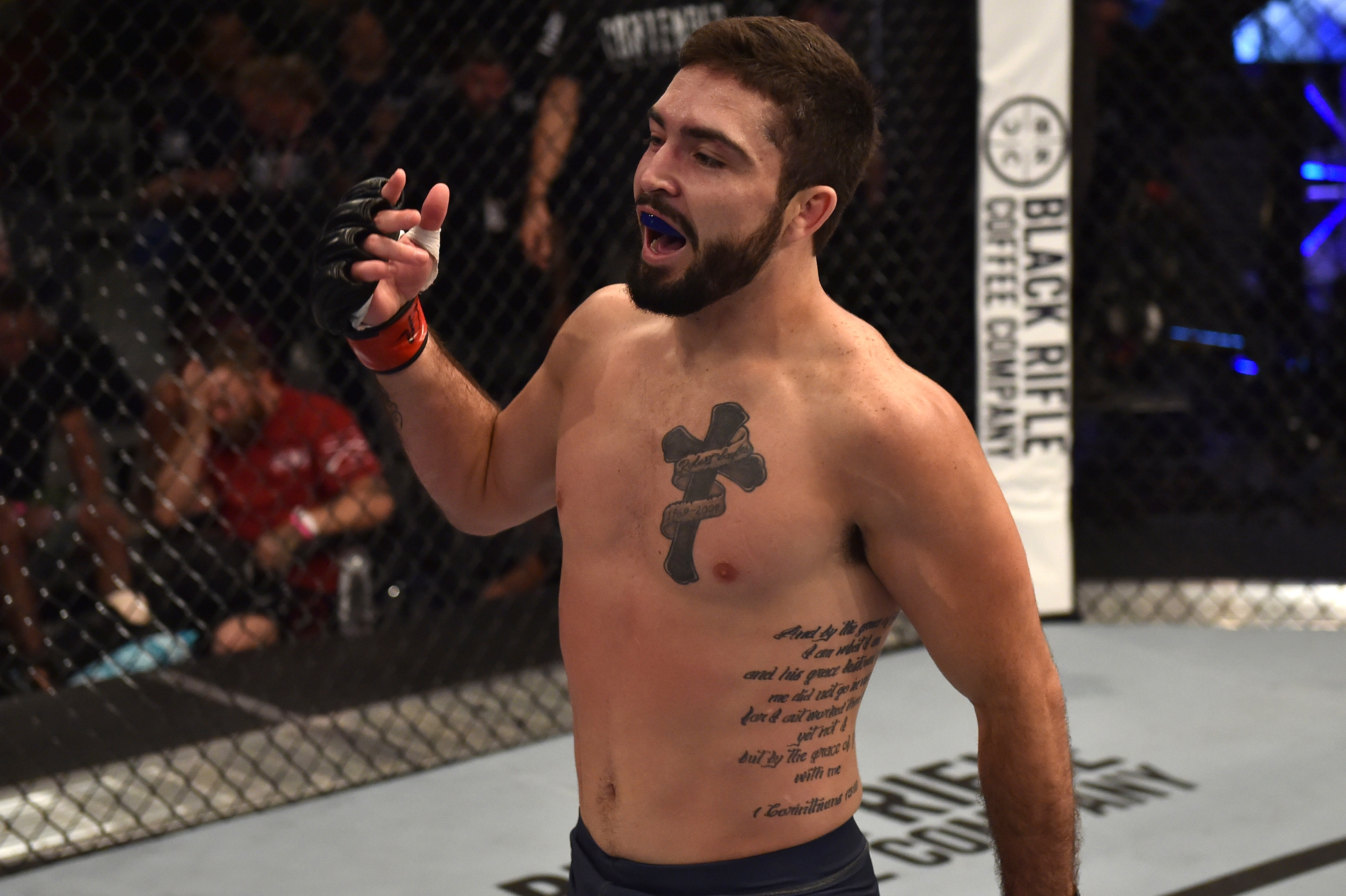 LAS VEGAS, NV - JUNE 19: Matt Sayles celebrates after his victory over <a href='../fighter/Yazan-Hajeh'>Yazan Hajeh</a> in their featherweight bout during Dana White's Tuesday Night Contender Series at the TUF Gym on June 19, 2018 in Las Vegas, Nevada. (Photo by Elliott Howard/DWTNCS LLC)
