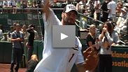 Watch as UFC 118 star and Hall-of-Famer Randy Couture throws out the first pitch for the Oakland A's.