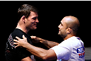 (L to R) Michael Bisping and BJ Penn embrace during an Open Workout