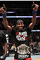 UFC 128: Jon "Bones" Jones celebrates his win over Mauricio "Shogun" Rua and his new title belt
