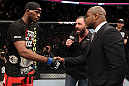 UFC 128: Jon "Bones" Jones and Rashad Evans shake hands when announced the next contenders for the Light Heavyweight title.