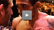 Featherweight champion Jose Aldo comes face-to-face with the undefeated Chad Mendes at the UFC RIO weigh-in.