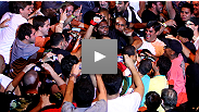 Jose Aldo causes a near-riot after his UFC RIO victory by scampering out of the Octagon to celebrate with his fans.