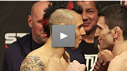 El local Dan Hardy cumple el peso y comparte una motivada mirada en su careo con Amir Sadollah en el pesaje de UFC on FUEL TV.