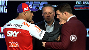 Vitor Belfort and Michael Bisping get a little too close for comfort during the UFC on FX pre-fight press conference staredown.