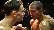 UFC featherweight champion Jose Aldo and former lightweight champion Frankie Edgar engage in an intense staredown at the UFC 156 weigh-in.