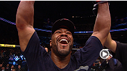 "Suga" Rashad Evans reacts with joy and relief aftering receiving a split decision victory over Dan "Hendo" Henderson. Hear Evans and Henderson discuss their views on the fight.