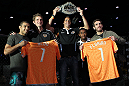 (L-R) UFC Featherweight Champion Jose Aldo, Houston Dynamo defender Bobby Boswell, Houston Dynamo midfielder Geoff Cameron, Houston Dynamo defender Corey Ashe, and UFC Featherweight title challenger Kenny Florian