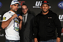 SAN FRANCISCO, CA - NOVEMBER 17:  (L-R) Light Heavyweight opponents Mauricio "Shogun" Rua and Dan Henderson pose for photos at the UFC 139 pre-fight press conference at the Fort Mason Center on November 17, 2011 in San Francisco, California.  (Photo by Josh Hedges/Zuffa LLC/Zuffa LLC via Getty Images)