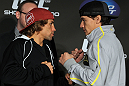 SAN FRANCISCO, CA - NOVEMBER 17:  (L-R) Bantamweight opponents Urijah Faber and Brian Bowles face off at the UFC 139 pre-fight press conference at the Fort Mason Center on November 17, 2011 in San Francisco, California.  (Photo by Josh Hedges/Zuffa LLC/Zuffa LLC via Getty Images)