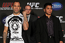 SAN FRANCISCO, CA - NOVEMBER 17:  (L-R) Middleweight opponents Wanderlei Silva and Cung Le pose for photos at the UFC 139 pre-fight press conference at the Fort Mason Center on November 17, 2011 in San Francisco, California.  (Photo by Josh Hedges/Zuffa LLC/Zuffa LLC via Getty Images)
