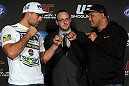 SAN FRANCISCO, CA - NOVEMBER 17:  (L-R) Light Heavyweight opponents Mauricio "Shogun" Rua and Dan Henderson face off at the UFC 139 pre-fight press conference at the Fort Mason Center on November 17, 2011 in San Francisco, California.  (Photo by Josh Hedges/Zuffa LLC/Zuffa LLC via Getty Images)