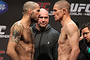 SAN JOSE, CA - NOVEMBER 18:  (L-R) Welterweight opponents Matt Brown and Seth Baczynski face off after weighing in during the UFC 139 Weigh In at the HP Pavilion on November 18, 2011 in San Jose, California.  (Photo by Josh Hedges/Zuffa LLC/Zuffa LLC via Getty Images)