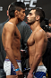 SAN JOSE, CA - NOVEMBER 18:  (L-R) Bantamweight opponents Miguel Angel Torres and Nick Pace face off after weighing in during the UFC 139 Weigh In at the HP Pavilion on November 18, 2011 in San Jose, California.  (Photo by Josh Hedges/Zuffa LLC/Zuffa LLC via Getty Images)