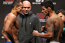 SAN JOSE, CA - NOVEMBER 18:  (L-R) Lightweight opponents Gleison Tibau and Rafael dos Anjos face off after weighing in during the UFC 139 Weigh In at the HP Pavilion on November 18, 2011 in San Jose, California.  (Photo by Josh Hedges/Zuffa LLC/Zuffa LLC via Getty Images)