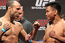 SAN JOSE, CA - NOVEMBER 18:  (L-R) Middleweight opponents Wanderlei Silva and Cung Le face off after weighing in during the UFC 139 Weigh In at the HP Pavilion on November 18, 2011 in San Jose, California.  (Photo by Josh Hedges/Zuffa LLC/Zuffa LLC via Getty Images)