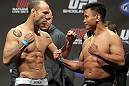 SAN JOSE, CA - NOVEMBER 18:  (L-R) Middleweight opponents Wanderlei Silva and Cung Le face off after weighing in during the UFC 139 Weigh In at the HP Pavilion on November 18, 2011 in San Jose, California.  (Photo by Josh Hedges/Zuffa LLC/Zuffa LLC via Getty Images)