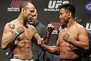 SAN JOSE, CA - NOVEMBER 18:  (L-R) Middleweight opponents Wanderlei Silva and Cung Le face off after weighing in during the UFC 139 Weigh In at the HP Pavilion on November 18, 2011 in San Jose, California.  (Photo by Josh Hedges/Zuffa LLC/Zuffa LLC via Getty Images)