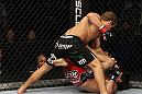 SAN JOSE, CA - NOVEMBER 19: Urijah Faber (top) punches Brian Bowles (bottom) during an UFC Bantamweight bout at the HP Pavillion on November 19, 2011 in San Jose, California.  (Photo by Josh Hedges/Zuffa LLC/Zuffa LLC via Getty Images)