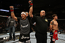 SAN JOSE, CA - NOVEMBER 19: Urijah Faber celebrates defeating Brian Bowles during an UFC Bantamweight bout at the HP Pavillion on November 19, 2011 in San Jose, California.  (Photo by Josh Hedges/Zuffa LLC/Zuffa LLC via Getty Images)