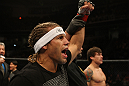 SAN JOSE, CA - NOVEMBER 19: Urijah Faber celebrates defeating Brian Bowles during an UFC Bantamweight bout at the HP Pavillion on November 19, 2011 in San Jose, California.  (Photo by Josh Hedges/Zuffa LLC/Zuffa LLC via Getty Images)