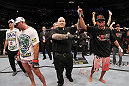 SAN JOSE, CA - NOVEMBER 19: (R-L) Dan Henderson celebrates defeating Mauricio Rua during an UFC Light Heavyweight bout at the HP Pavillion on November 19, 2011 in San Jose, California.  (Photo by Josh Hedges/Zuffa LLC/Zuffa LLC via Getty Images)