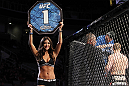SAN JOSE, CA - NOVEMBER 19: UFC Octagon Girl Arianny Celeste introduces round one during the Ryan Bader/Jason Brilz UFC Light Heavywieght bout at the HP Pavillion on November 19, 2011 in San Jose, California.  (Photo by Josh Hedges/Zuffa LLC/Zuffa LLC via Getty Images)