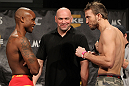 LAS VEGAS, NV - DECEMBER 02:  (L-R) Opponents Marcus Brimage and Stephen Bass face off after weighing in at the official weigh-in for The Ultimate Fighter 14 Finale at The Palms Casino Resort on December 2, 2011 in Las Vegas, Nevada.  (Photo by Josh Hedges/Zuffa LLC/Zuffa LLC via Getty Images)