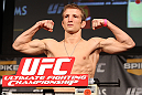 LAS VEGAS, NV - DECEMBER 02:  TJ Dillashaw weighs in at the official weigh-in for The Ultimate Fighter 14 Finale at The Palms Casino Resort on December 2, 2011 in Las Vegas, Nevada.  (Photo by Josh Hedges/Zuffa LLC/Zuffa LLC via Getty Images)