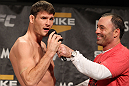 LAS VEGAS, NV - DECEMBER 02:  (L-R) Michael BIsping is interviewed by Joe Rogan after weighing in at the official weigh-in for The Ultimate Fighter 14 Finale at The Palms Casino Resort on December 2, 2011 in Las Vegas, Nevada.  (Photo by Josh Hedges/Zuffa LLC/Zuffa LLC via Getty Images)