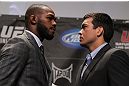 TORONTO, ON - DECEMBER 08:  (L-R) UFC Light Heavyweight Champion Jon Jones and opponent Lyoto Machida face off at the final UFC 140 pre-fight press conference at Bell Tiff Lightbox Cinema1 on December 8, 2011 in Toronto, Canada.  (Photo by Josh Hedges/Zuffa LLC/Zuffa LLC via Getty Images)