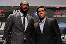 TORONTO, ON - DECEMBER 08:  (L-R) UFC Light Heavyweight Champion Jon Jones and opponent Lyoto Machida pose for photos at the final UFC 140 pre-fight press conference at Bell Tiff Lightbox Cinema1 on December 8, 2011 in Toronto, Canada.  (Photo by Josh Hedges/Zuffa LLC/Zuffa LLC via Getty Images)