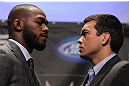 TORONTO, ON - DECEMBER 08:  (L-R) UFC Light Heavyweight Champion Jon Jones and opponent Lyoto Machida face off at the final UFC 140 pre-fight press conference at Bell Tiff Lightbox Cinema1 on December 8, 2011 in Toronto, Canada.  (Photo by Josh Hedges/Zuffa LLC/Zuffa LLC via Getty Images)