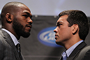 TORONTO, ON - DECEMBER 08:  (L-R) UFC Light Heavyweight Champion Jon Jones and opponent Lyoto Machida face off at the final UFC 140 pre-fight press conference at Bell Tiff Lightbox Cinema1 on December 8, 2011 in Toronto, Canada.  (Photo by Josh Hedges/Zuffa LLC/Zuffa LLC via Getty Images)