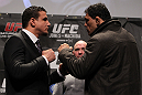 TORONTO, ON - DECEMBER 08:  (L-R) Heavyweight opponents Frank Mir and Antonio Rodrigo "Minotauro" Nogueira face off at the final UFC 140 pre-fight press conference at Bell Tiff Lightbox Cinema1 on December 8, 2011 in Toronto, Canada.  (Photo by Josh Hedges/Zuffa LLC/Zuffa LLC via Getty Images)
