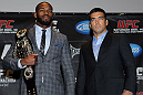 TORONTO, ON - DECEMBER 08:  (L-R) UFC Light Heavyweight Champion Jon Jones and opponent Lyoto Machida pose for photos at the final UFC 140 pre-fight press conference at Bell Tiff Lightbox Cinema1 on December 8, 2011 in Toronto, Canada.  (Photo by Josh Hedges/Zuffa LLC/Zuffa LLC via Getty Images)