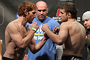 TORONTO, ON - DECEMBER 09:  (L-R) Lightweight opponentsMark Bocek and Nik Lentz face off after weighing in during the UFC 140 Official Weigh-in at the Air Canada Centre on December 9, 2011 in Toronto, Canada.  (Photo by Josh Hedges/Zuffa LLC/Zuffa LLC via Getty Images)