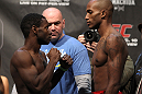 TORONTO, ON - DECEMBER 09:  (L-R) Bantamweight opponents Yves Jabouin and Walel Watson face off after weighing in during the UFC 140 Official Weigh-in at the Air Canada Centre on December 9, 2011 in Toronto, Canada.  (Photo by Josh Hedges/Zuffa LLC/Zuffa LLC via Getty Images)