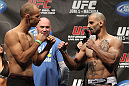 TORONTO, ON - DECEMBER 09:  (L-R) Middleweight opponents Jared Hamman and Constantinos Philippou face off after weighing in during the UFC 140 Official Weigh-in at the Air Canada Centre on December 9, 2011 in Toronto, Canada.  (Photo by Josh Hedges/Zuffa LLC/Zuffa LLC via Getty Images)