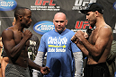 TORONTO, ON - DECEMBER 09:  (L-R) Welterweight opponents Claude Patrick and Brian Ebersole face off after weighing in during the UFC 140 Official Weigh-in at the Air Canada Centre on December 9, 2011 in Toronto, Canada.  (Photo by Josh Hedges/Zuffa LLC/Zuffa LLC via Getty Images)