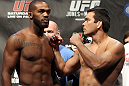TORONTO, ON - DECEMBER 09:  (L-R) UFC Light Heavyweight Champion Jon "Bones" Jones and challenger Lyoto Machida face off after weighing in during the UFC 140 Official Weigh-in at the Air Canada Centre on December 9, 2011 in Toronto, Canada.  (Photo by Josh Hedges/Zuffa LLC/Zuffa LLC via Getty Images)