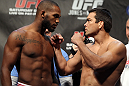TORONTO, ON - DECEMBER 09:  (L-R) UFC Light Heavyweight Champion Jon "Bones" Jones and challenger Lyoto Machida face off after weighing in during the UFC 140 Official Weigh-in at the Air Canada Centre on December 9, 2011 in Toronto, Canada.  (Photo by Josh Hedges/Zuffa LLC/Zuffa LLC via Getty Images)