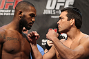 TORONTO, ON - DECEMBER 09:  (L-R) UFC Light Heavyweight Champion Jon "Bones" Jones and challenger Lyoto Machida face off after weighing in during the UFC 140 Official Weigh-in at the Air Canada Centre on December 9, 2011 in Toronto, Canada.  (Photo by Josh Hedges/Zuffa LLC/Zuffa LLC via Getty Images)