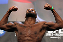 TORONTO, ON - DECEMBER 09:  UFC Light Heavyweight Champion Jon "Bones" Jones weighs in during the UFC 140 Official Weigh-in at the Air Canada Centre on December 9, 2011 in Toronto, Canada.  (Photo by Josh Hedges/Zuffa LLC/Zuffa LLC via Getty Images)