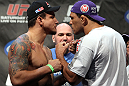 TORONTO, ON - DECEMBER 09:  (L-R) Heavyweight opponents Frank Mir and Antonio Rodrigo "Minotauro" Nogueira face off after weighing in during the UFC 140 Official Weigh-in at the Air Canada Centre on December 9, 2011 in Toronto, Canada.  (Photo by Josh Hedges/Zuffa LLC/Zuffa LLC via Getty Images)