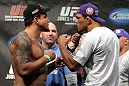 TORONTO, ON - DECEMBER 09:  (L-R) Heavyweight opponents Frank Mir and Antonio Rodrigo "Minotauro" Nogueira face off after weighing in during the UFC 140 Official Weigh-in at the Air Canada Centre on December 9, 2011 in Toronto, Canada.  (Photo by Josh Hedges/Zuffa LLC/Zuffa LLC via Getty Images)