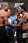 TORONTO, ON - DECEMBER 09:  (L-R) Light Heavyweight opponents Tito Ortiz and Antonio Rogerio "Minotoro" Nogueira face off after weighing in during the UFC 140 Official Weigh-in at the Air Canada Centre on December 9, 2011 in Toronto, Canada.  (Photo by Josh Hedges/Zuffa LLC/Zuffa LLC via Getty Images)